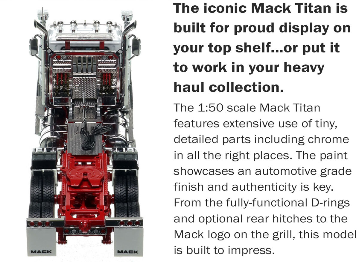 Functionality of 1::50 scale Mack Titan Tri-axle Tractor - White over Red