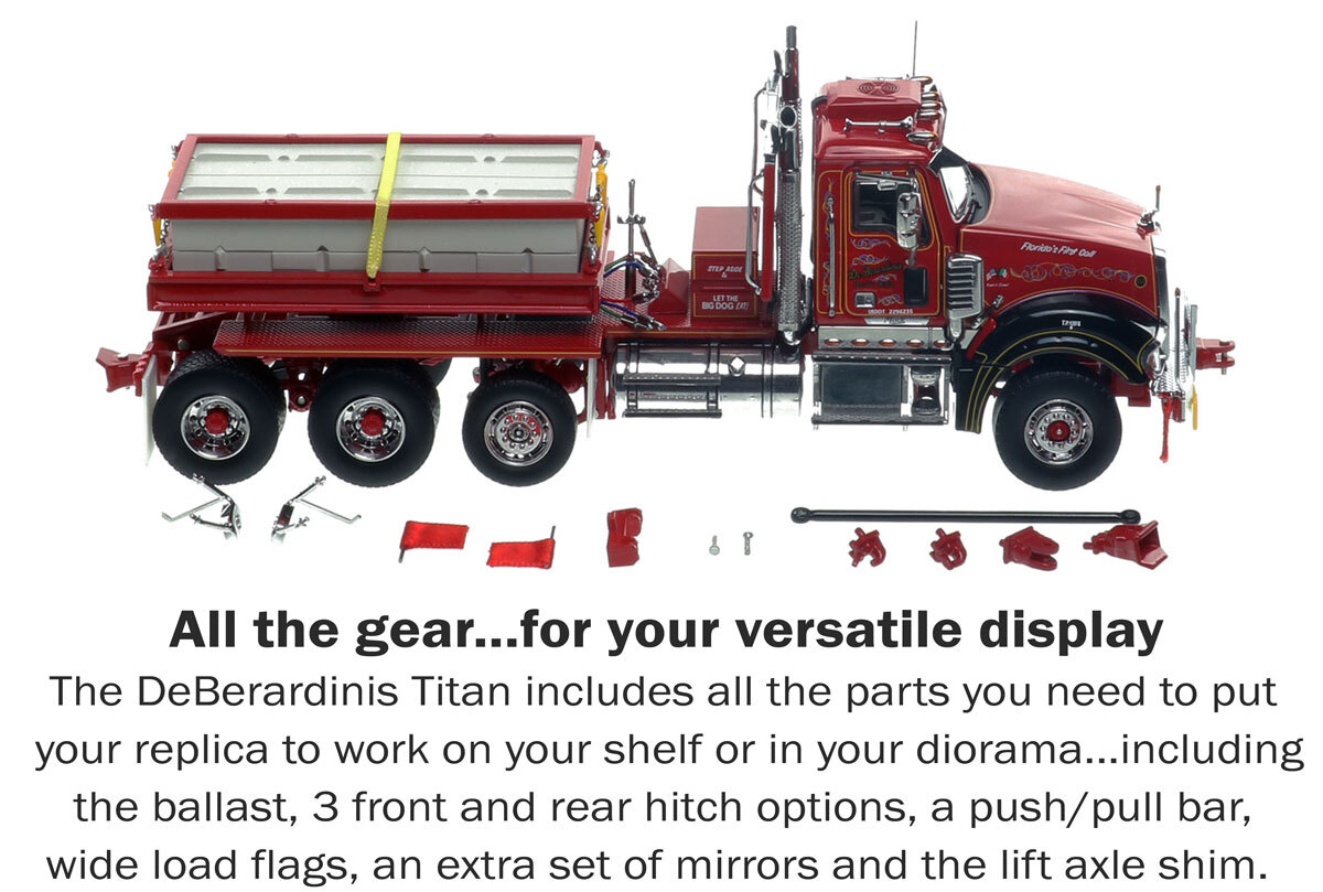 Accessories included with the 1:50 scale DeBerardinis Heavy Haul 2011 Mack Titan