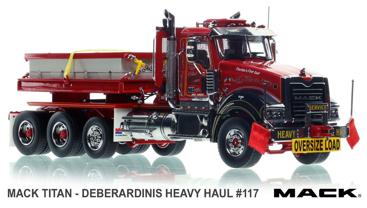1:50 scale diecast model of DeBerardinis Heavy Haul 2011 Mack Titan 117 Tri-Axle Tractor