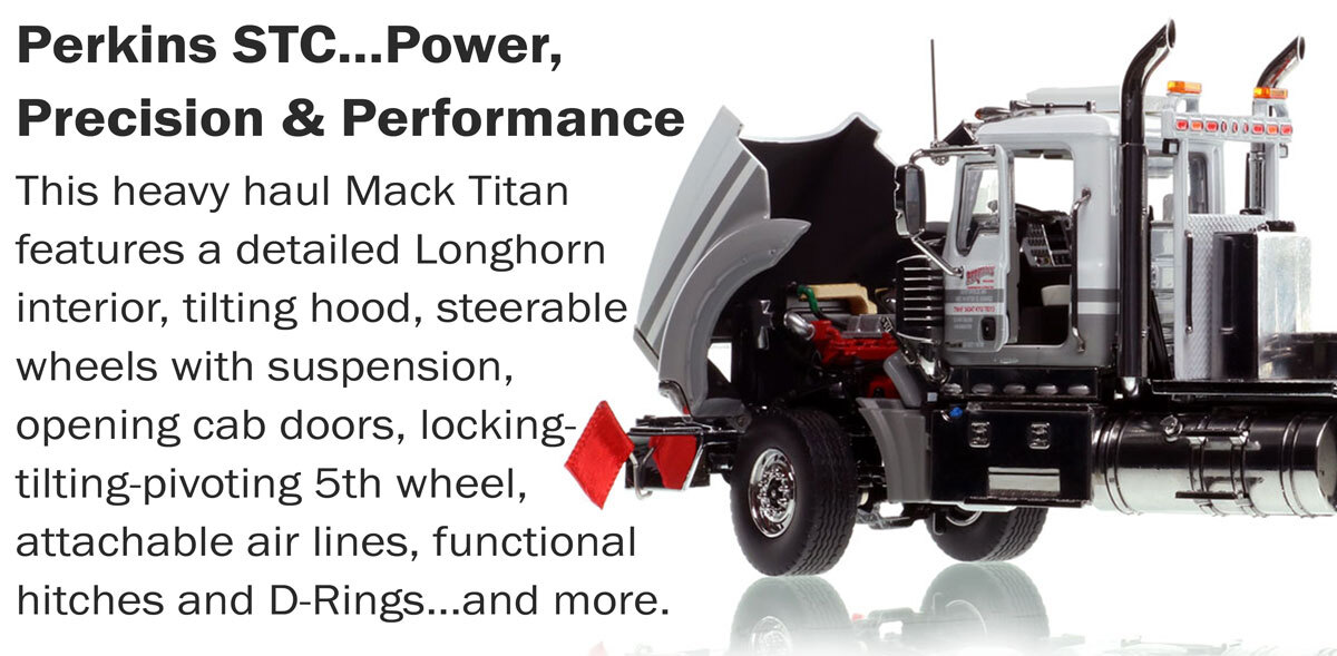 Functionality of the 1:50 scale Perkins Specialized Transportation Contracting Mack Titan Tri-Axle Tractor