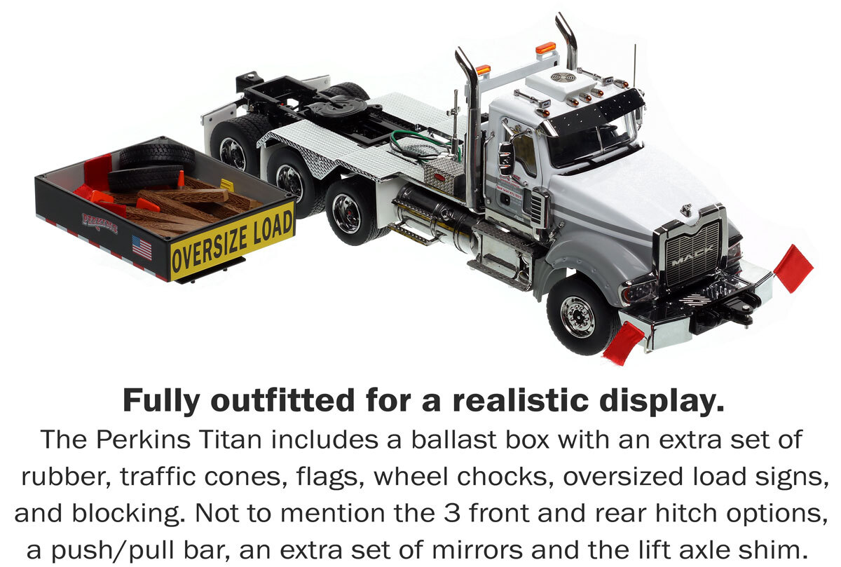 Parts and accessories of Perkins Specialized Transportation Contracting Mack Titan Tri-Axle Tractor