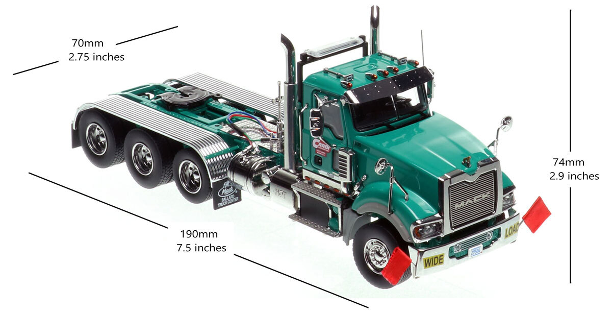 Dimensions of 1:50 scale Cardi Construction Industries 2014 Mack Titan Tri-axle Tractor