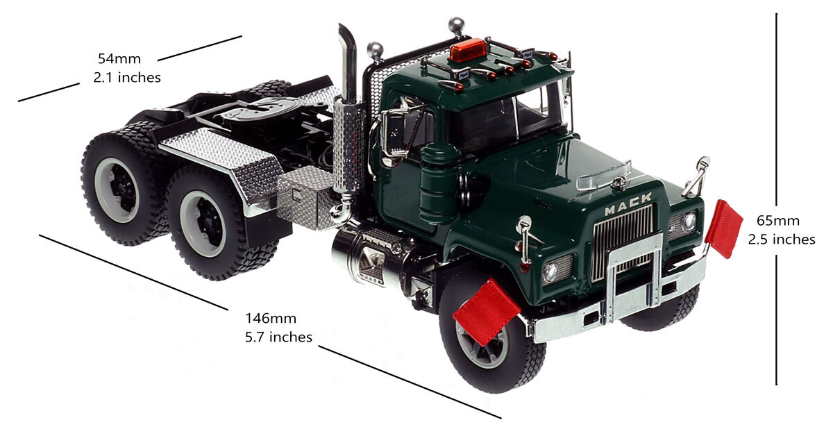 dimensions of 1:50 scale diecast model of Mack R600 Tandem Axle Tractor - Green 6005 over Black