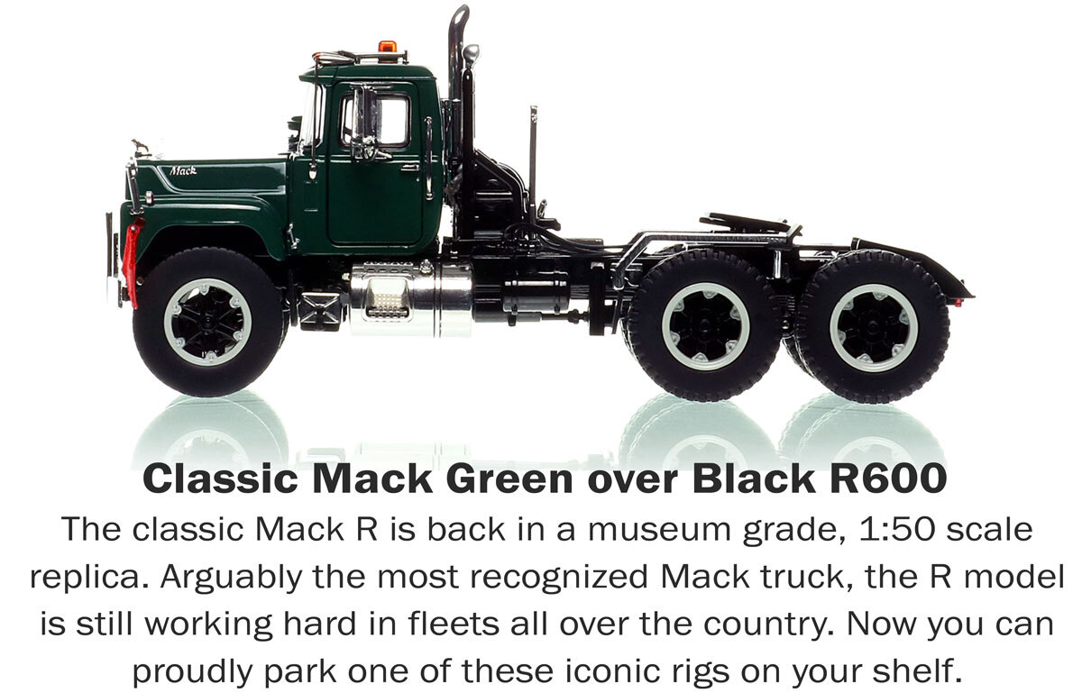 1:50 scale diecast model of Mack R600 Tandem Axle Tractor - Green 6005 over Black