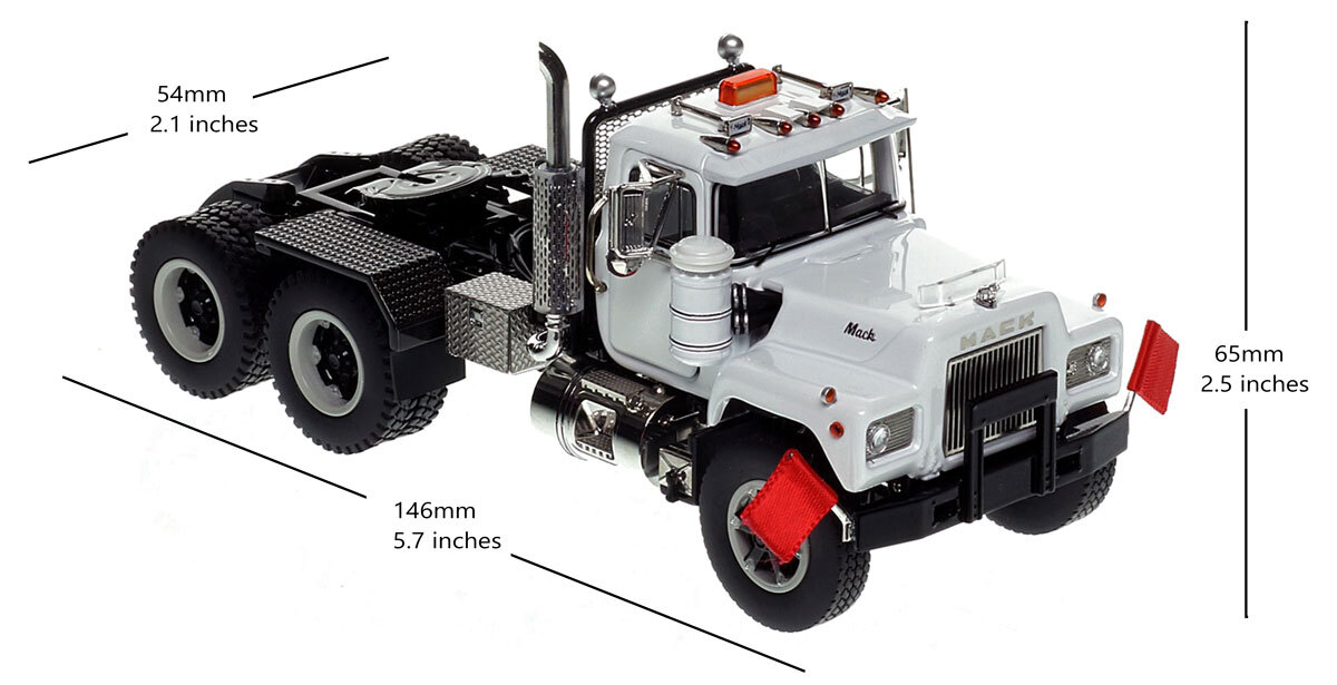 dimensions of 1:50 scale diecast model of Mack R600 Tandem Axle Tractor - White over Black