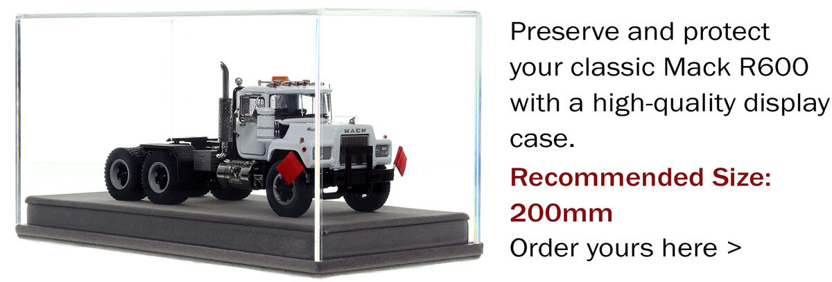 display case for 1:50 scale diecast model of  Mack R600 Tandem Axle Tractor - White over Black