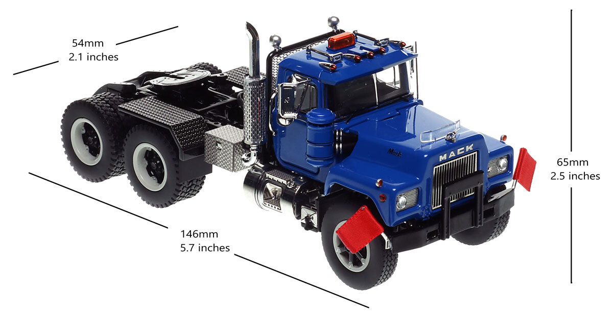 dimensions of 1:50 scale diecast model of Mack R600 Tandem Axle Tractor - Blue 5005 over Black