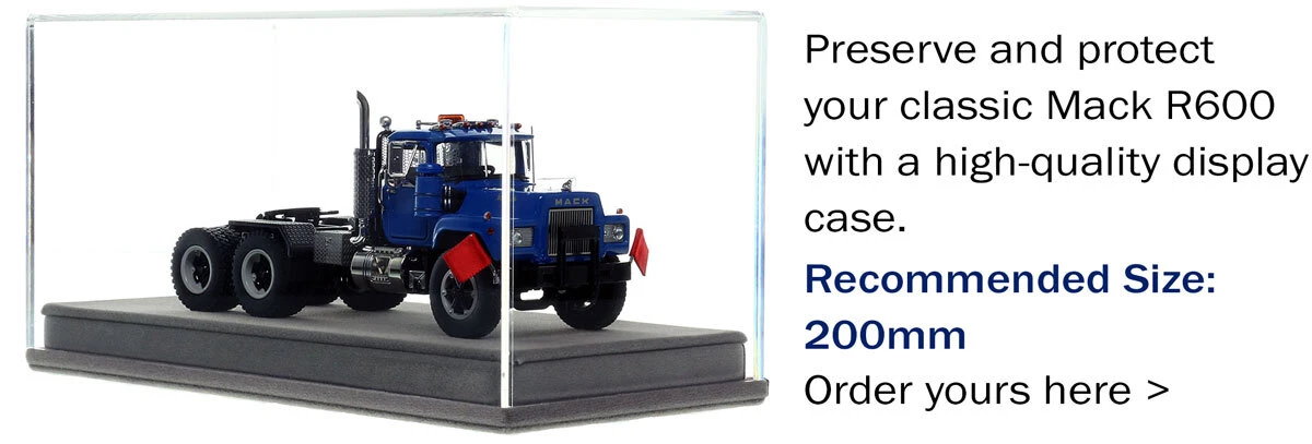 Display Case for 1:50 Scale Model of Mack R600 Tandem Axle Tractor - Blue 5005 over Black