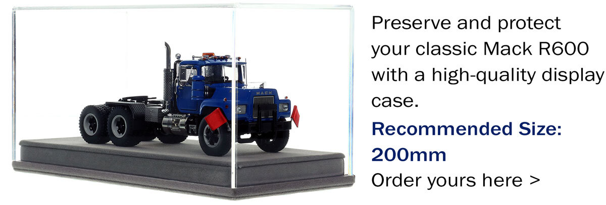 display case for 1:50 scale diecast model of Mack R600 Tandem Axle Tractor - Blue 5005 over Black