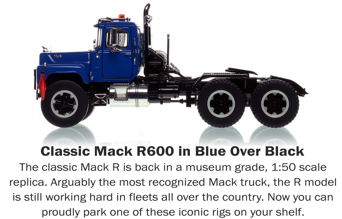 1:50 scale diecast model of Mack R600 Tandem Axle Tractor - Blue 5005 over Black
