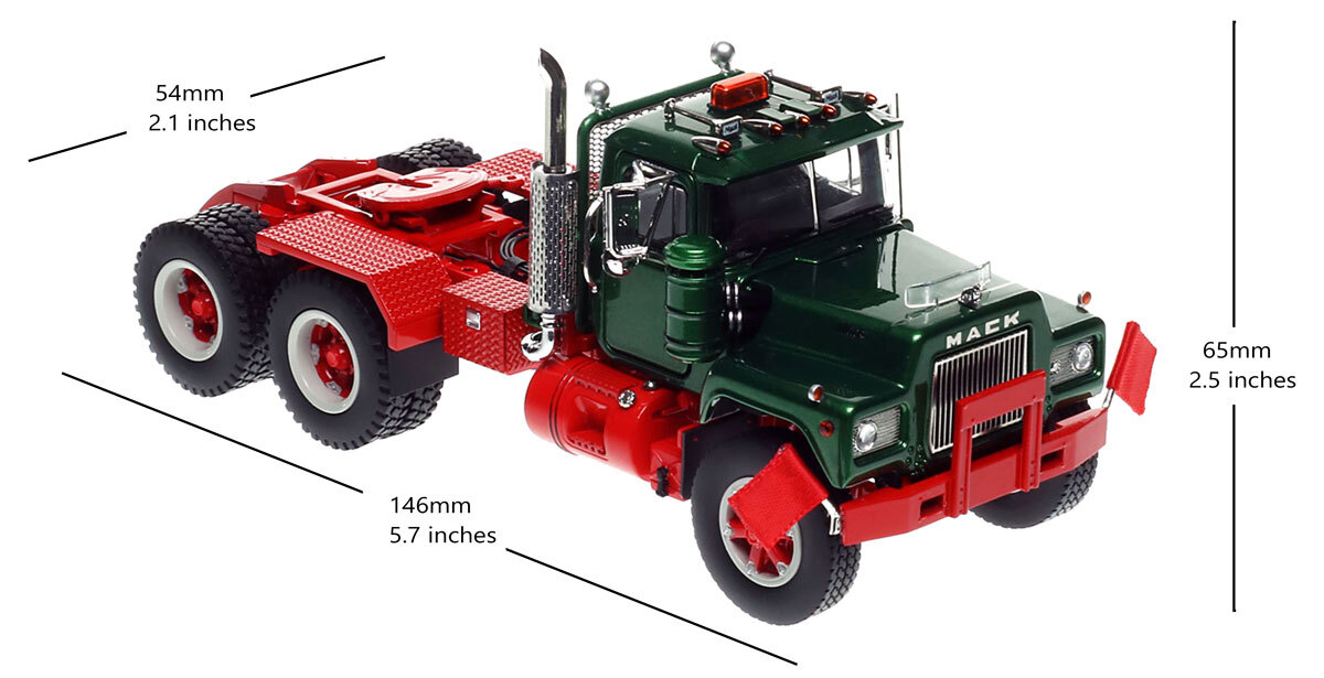 dimensions of 1:50 scale diecast model of Mack R600 Tandem Axle Tractor - Green 6035 over Viper Red