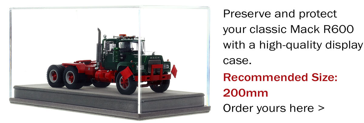 display case for 1:50 scale diecast model of Mack R600 Tandem Axle Tractor - Green 6035 over Viper Red
