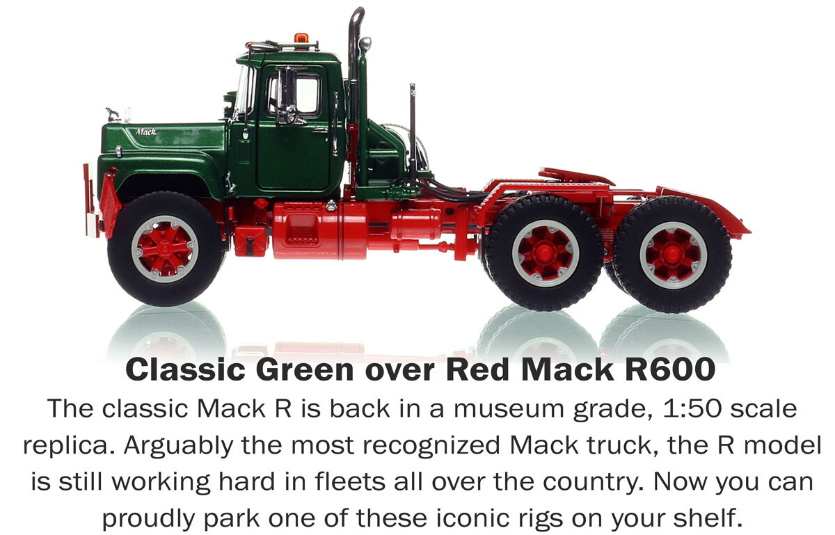 1:50 scale diecast model of Mack R600 Tandem Axle Tractor - Green 6035 over Viper Red