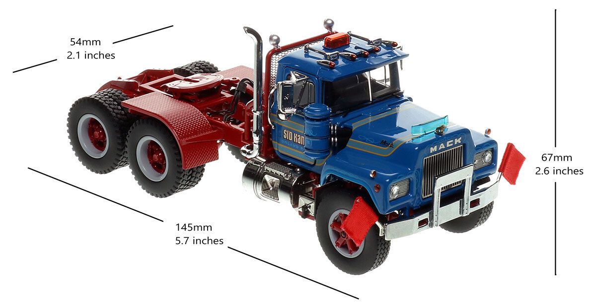 Dimensions of 1:50 scale model of Sid Kamp Trucking 1987 Mack RD688SX tandem axle tractor