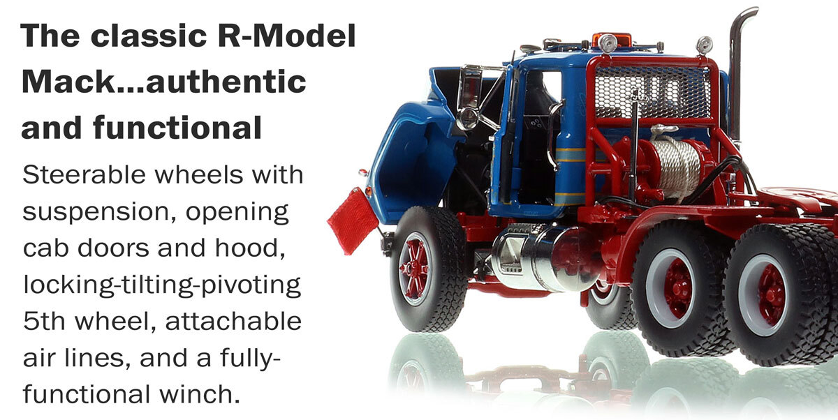 Features of 1:50 scale model of Sid Kamp Trucking 1987 Mack RD688SX tandem axle tractor