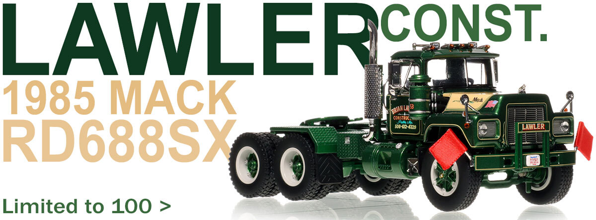 1:50 scale diecast model of  Brian Lawler Construction 1985 Mack RD688SX Tandem Axle Tractor