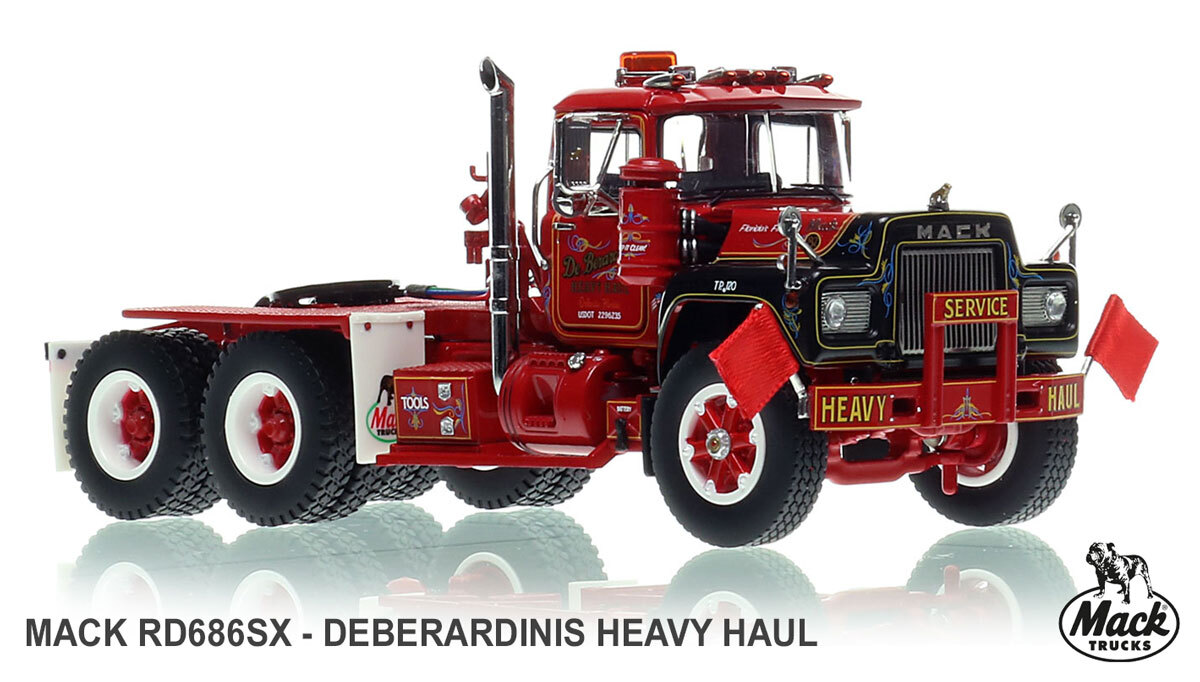 1:50 scale diecast model of DeBerardinis Heavy Haul 1988 Mack RD 686SX Tandem Axle Tractor
