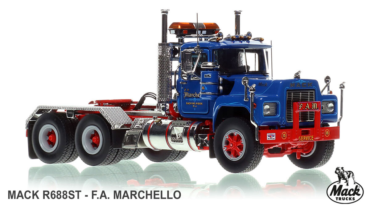 1:50 scale model of F.A. Marchello 1985 Mack R688ST tandem axle tractor