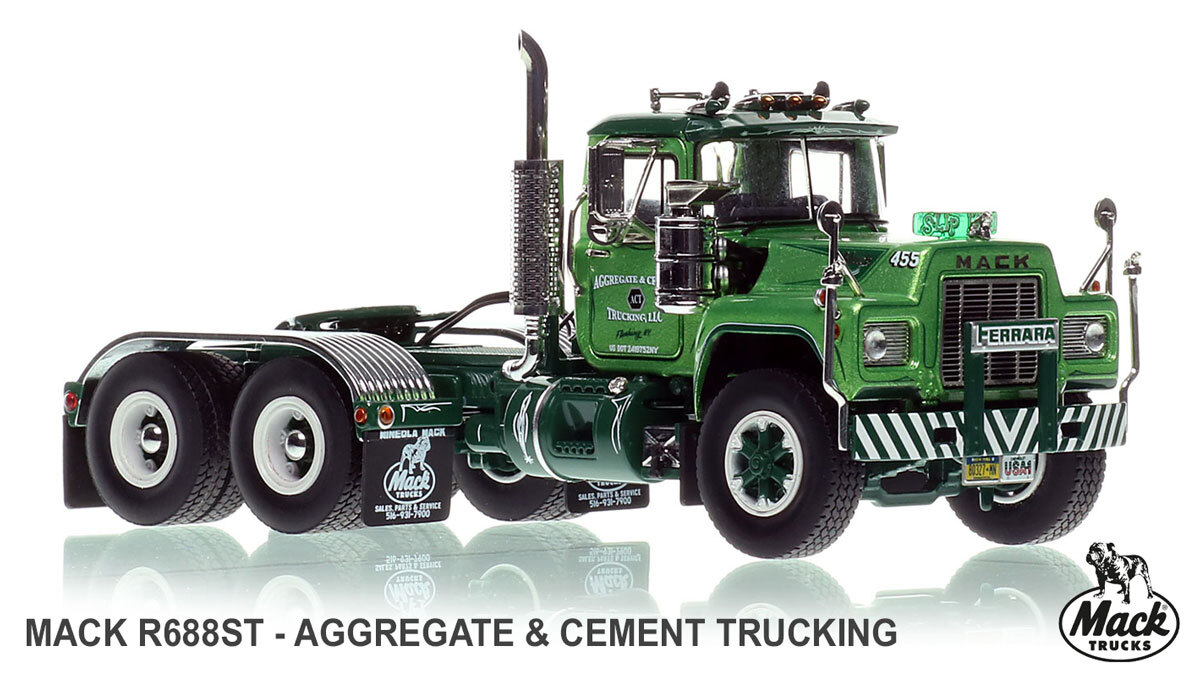1:50 scale diecast model of Aggregate & Cement Trucking 1989 Mack R688ST tandem axle tractor