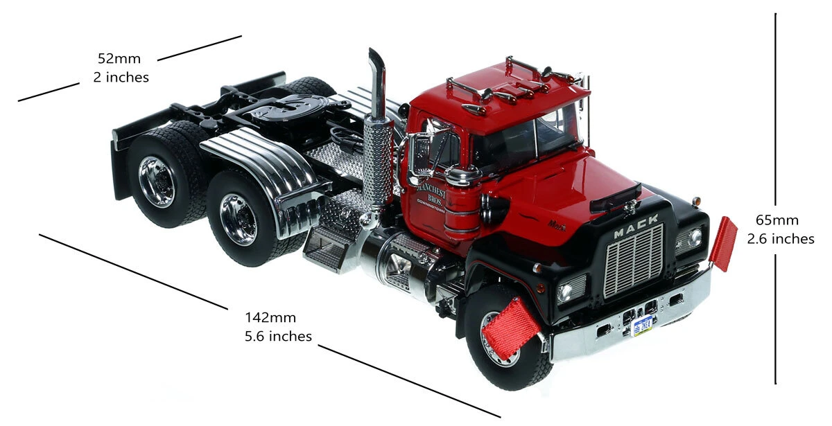 Dimensions of 1:50 Scale Diecast Model of Manchester Bros. 1989 Mack R688ST Tandem Axle Tractor