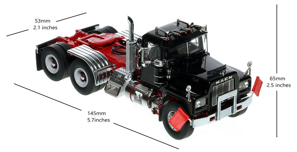 Dimensions of 1:50 Scale Diecast Model of  Mack R600 Tandem Axle Tractor - Black over DHH Red