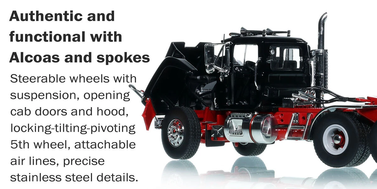 Functions of 1:50 Scale Diecast Model of Mack R600 Tandem Axle Tractor - Black over DHH Red