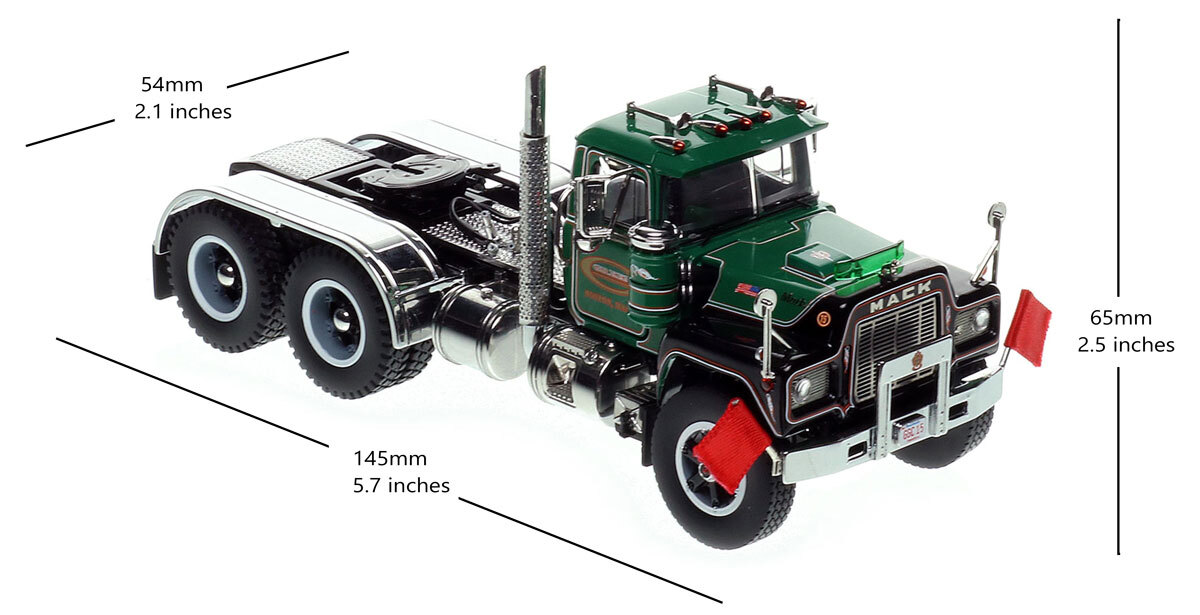 Dimensions of 1:50 scale diecast model of G. Greene Construction 1977 Mack R612SX tandem axle tractor