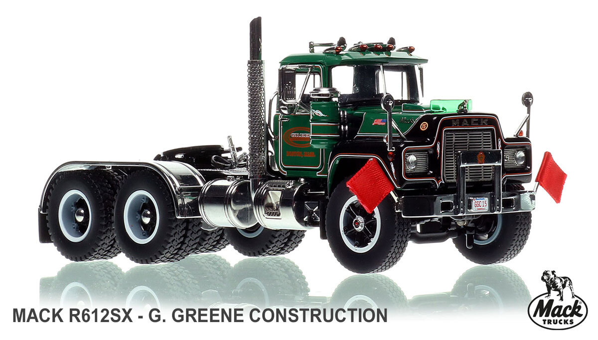 1:50 scale diecast model of G. Greene Construction 1977 Mack R612SX tandem axle tractor