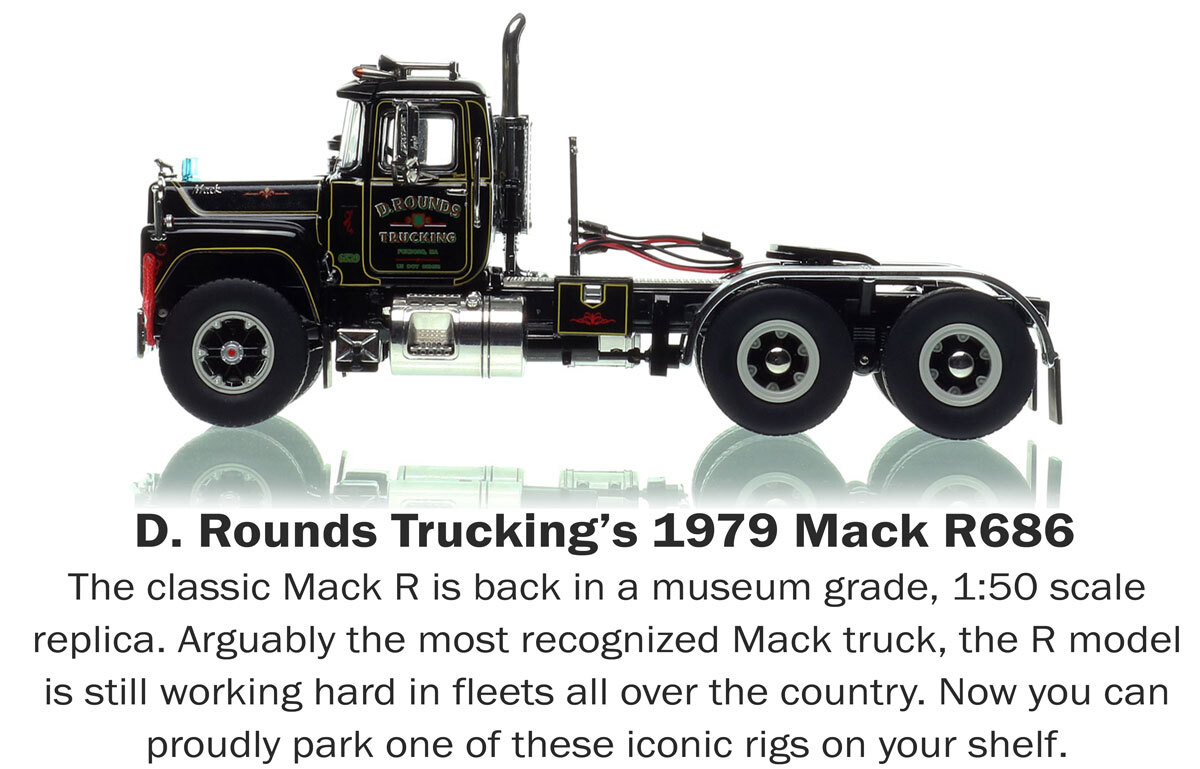 1:50 scale diecast model of D. Rounds Trucking 1979 Mack R686 tandem axle tractor