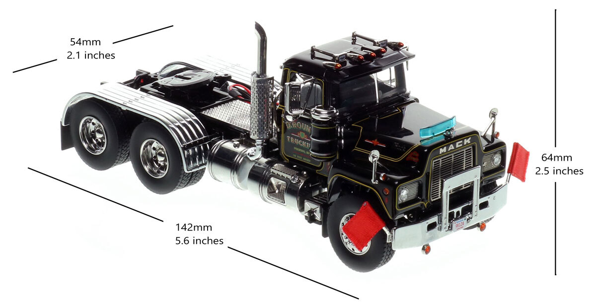 Dimension of 1:50 scale diecast model of D. Rounds Trucking 1988 Mack R688 tandem axle tractor