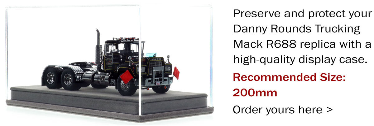Display case for 1:50 scale diecast model of D. Rounds Trucking 1988 Mack R688 tandem axle tractor