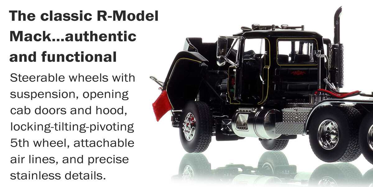 Functions of 1:50 scale diecast model of D. Rounds Trucking 1988 Mack R688 tandem axle tractor
