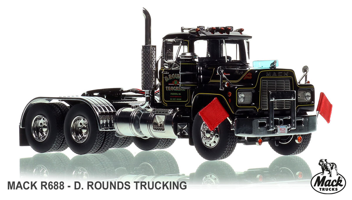 1:50 scale diecast model of D. Rounds Trucking 1988 Mack R688 tandem axle tractor