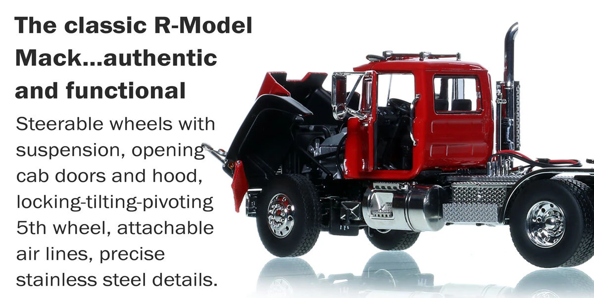 Functions of 1:50 Scale Diecast Model of Mack R600 Tandem Axle Tractor - DHH Red over Black with Black Fenders