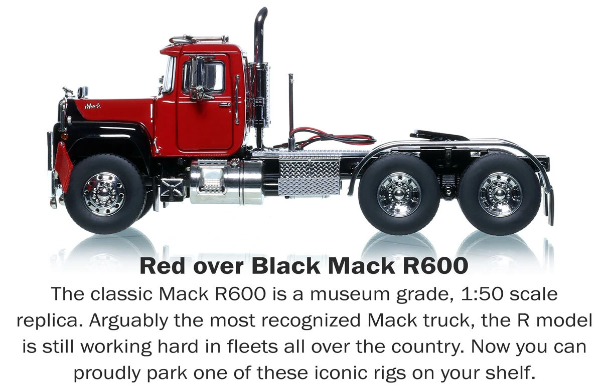 Description of 1:50 Scale Diecast Model of Mack R600 Tandem Axle Tractor - DHH Red over Black with Black Fenders
