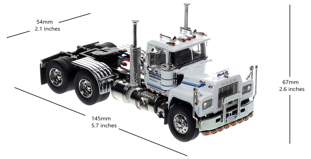 Dimensions of 1:50 scale diecast model of Brian Blair 1987 Mack R600 tandem axle tractor