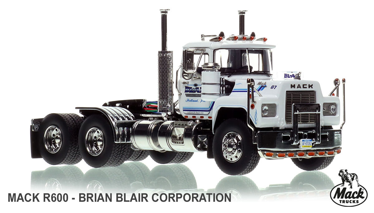 1:50 scale model ofBrian Blair 1987 Mack R600 tandem axle tractor