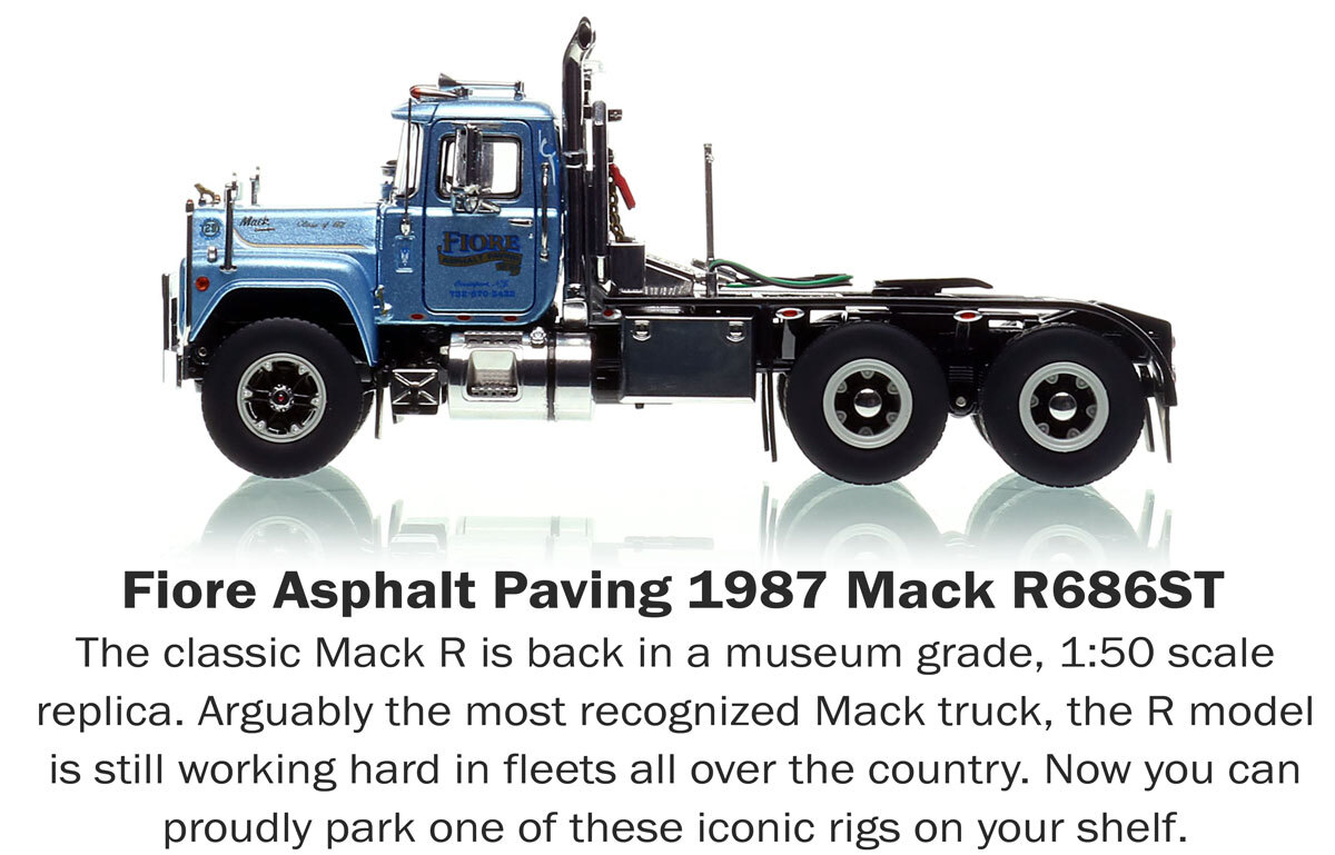 Introducing the 1:50 scale diecast model of Fiore Asphalt Paving 1987 Mack R686ST tandem axle tractor