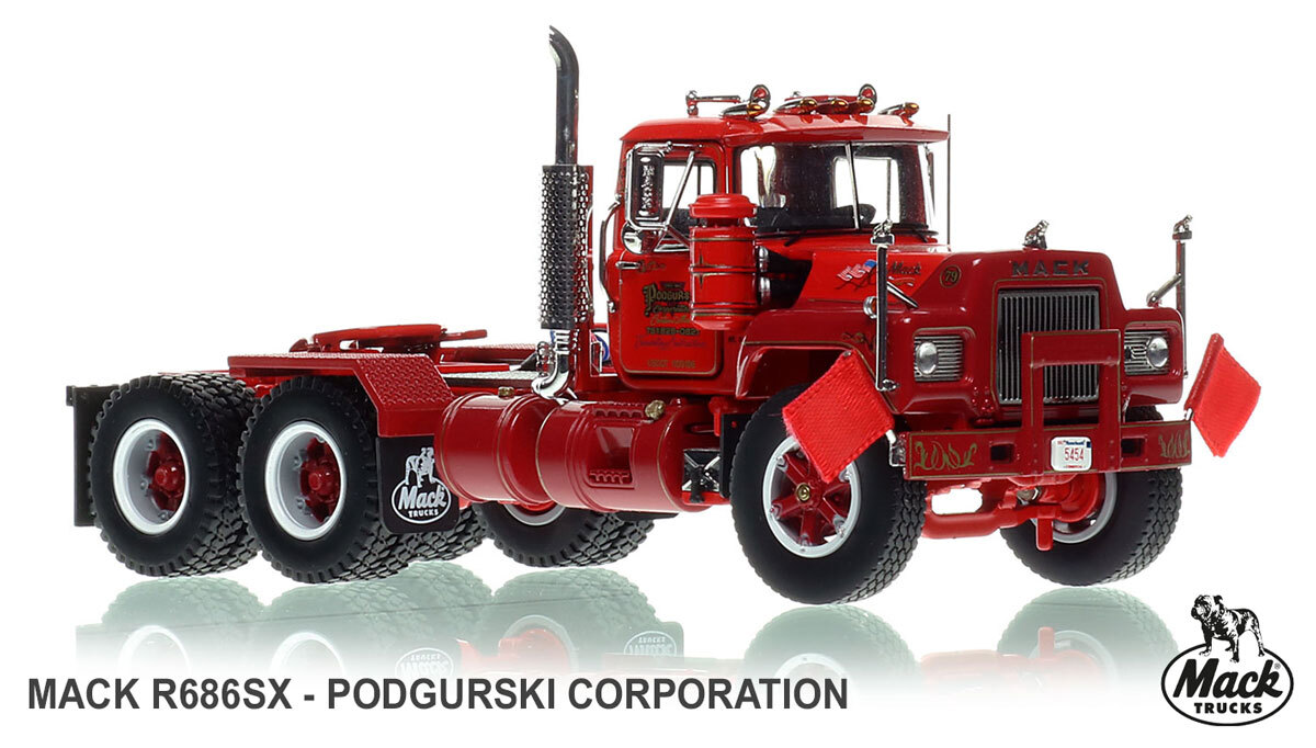1:50 scale model of  Podgurski Corporation 1979 Mack R686SX tandem axle tractor