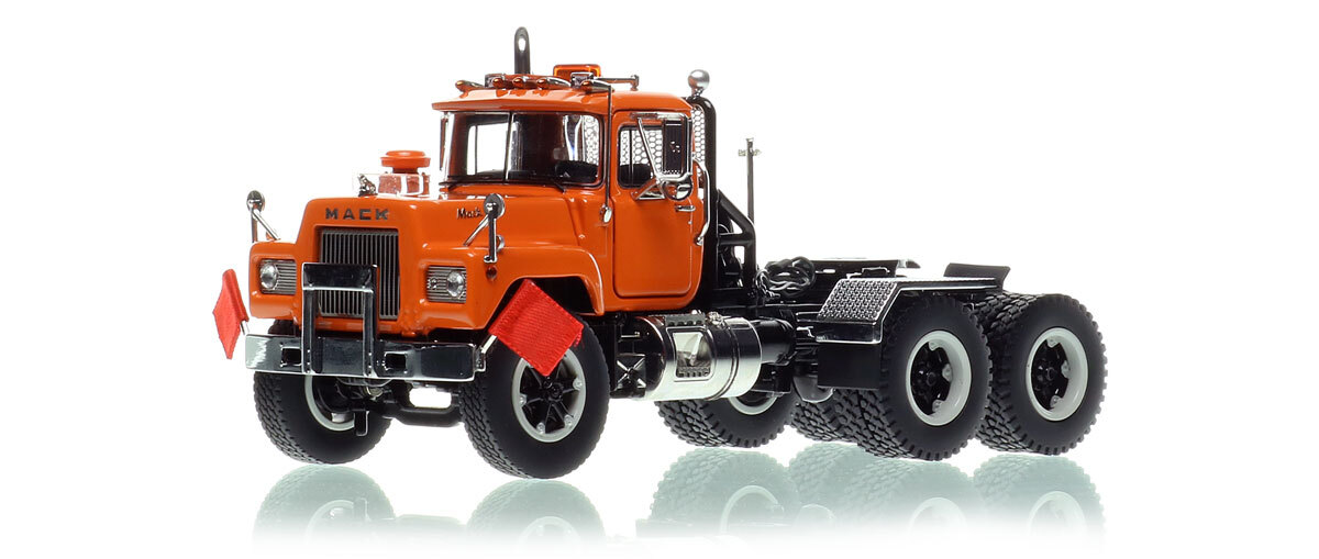 1:50 scale diecast model of Mack R600 Tandem Axle Tractor - Orange 2010 over Black