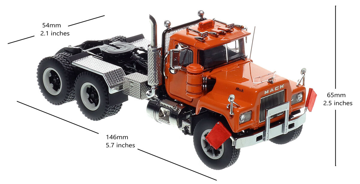 Dimensions of 1:50 scale Mack R600 Tandem Axle Tractor - Orange 2010 over Black