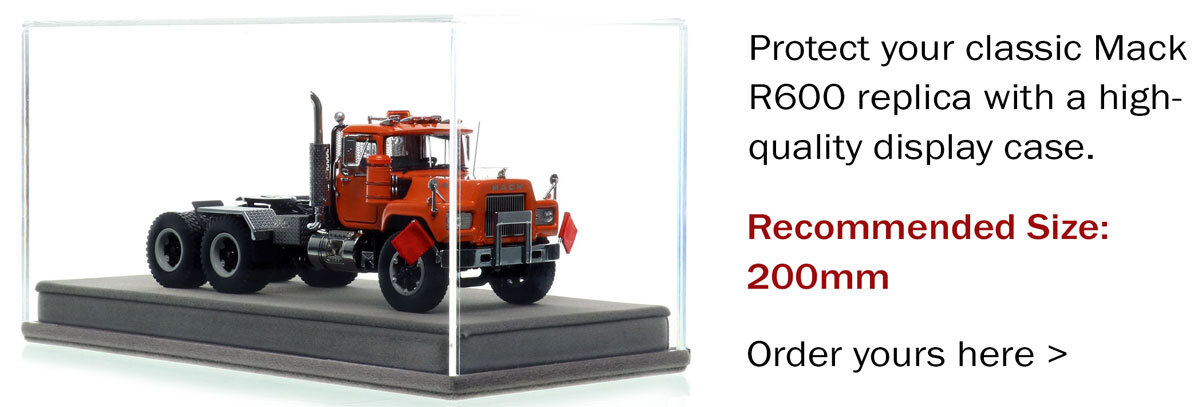 Display case for 1:50 scale diecast model of Mack R600 Tandem Axle Tractor - Orange 2010 over Black