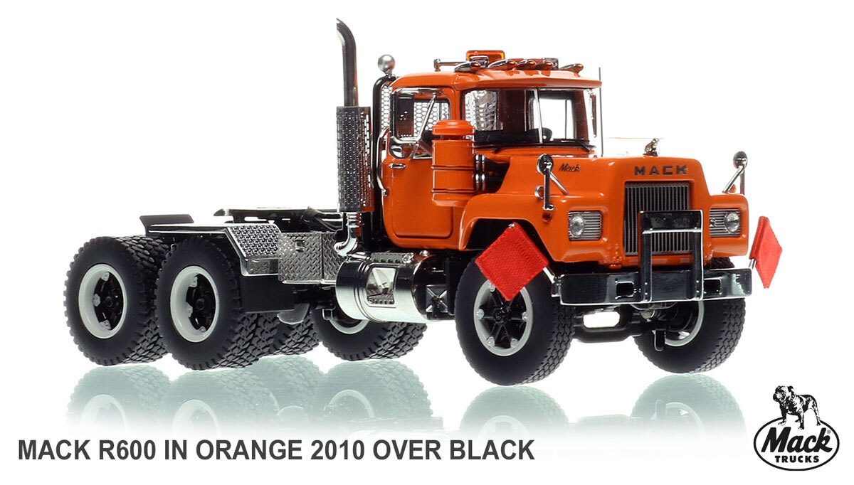 1:50 scale diecast model of  Mack R600 Tandem Axle Tractor - Orange 2010 over Black