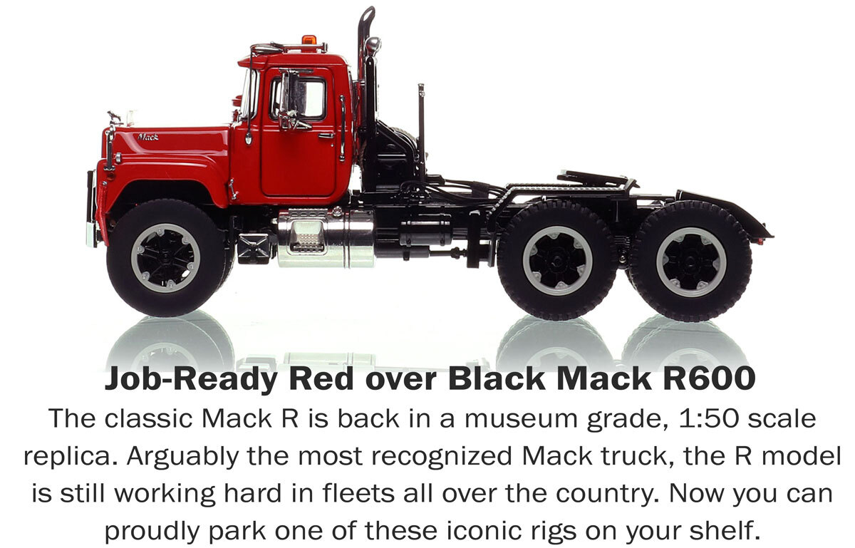 1:50 scale diecast model of Mack R600 Tandem Axle Tractor - Viper Red over Black