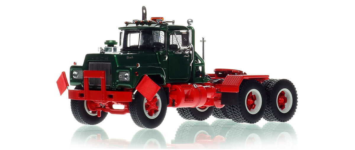 1:50 scale diecast model of Mack R600 Tandem Axle Tractor - Green 6035 over Viper Red