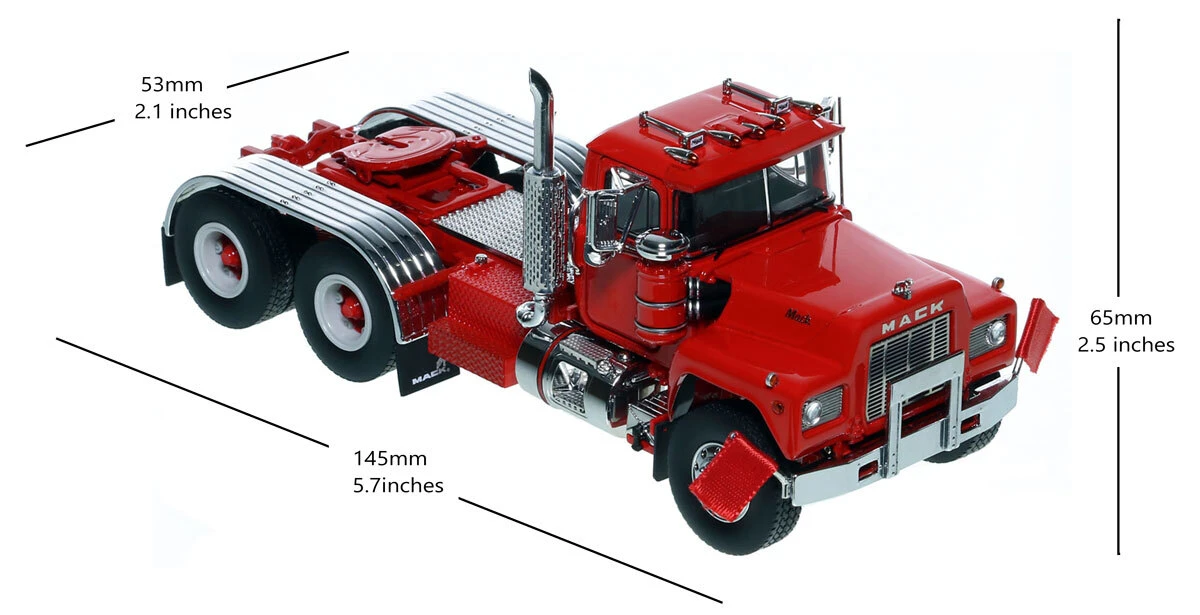 Dimensions of 1:50 Scale Diecast Model of Mack R600 Tandem Axle Tractor - Viper Red