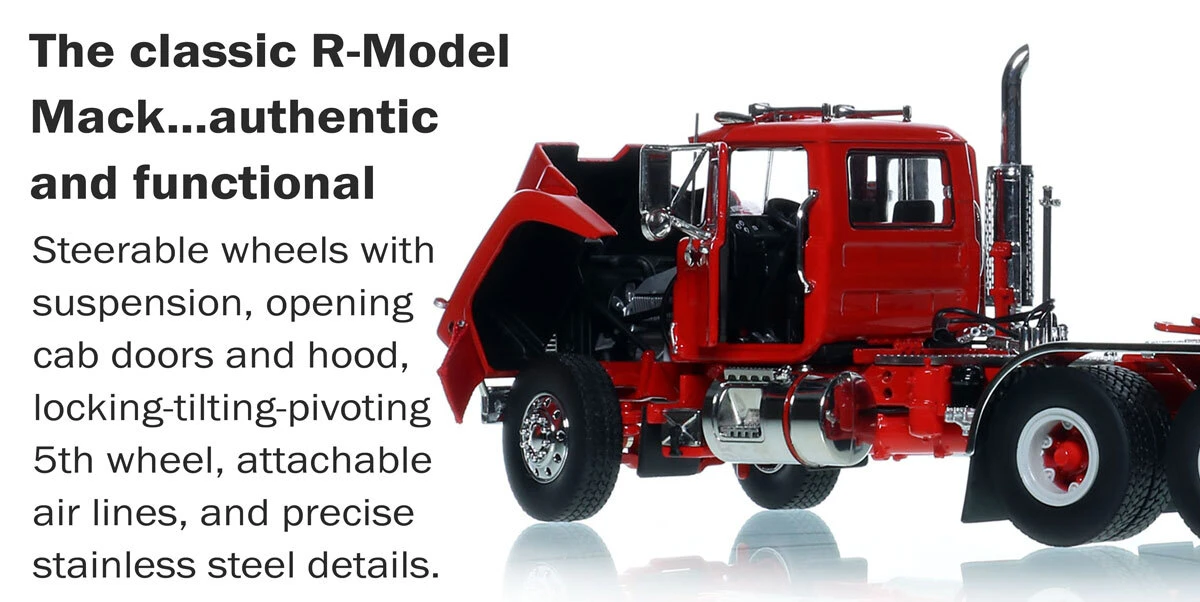 Functions of 1:50 Scale Diecast Model of Mack R600 Tandem Axle Tractor - Viper Red