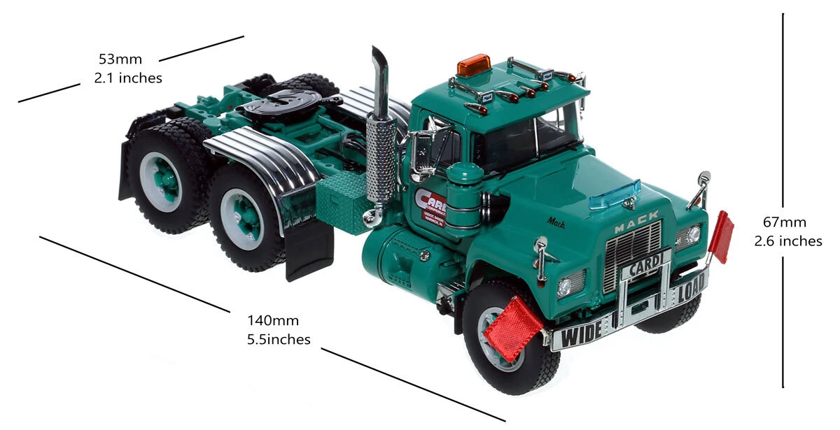 Dimensions of 1:50 Scale Model of Cardi Corporation Mack R600 Tandem Axle Tractor