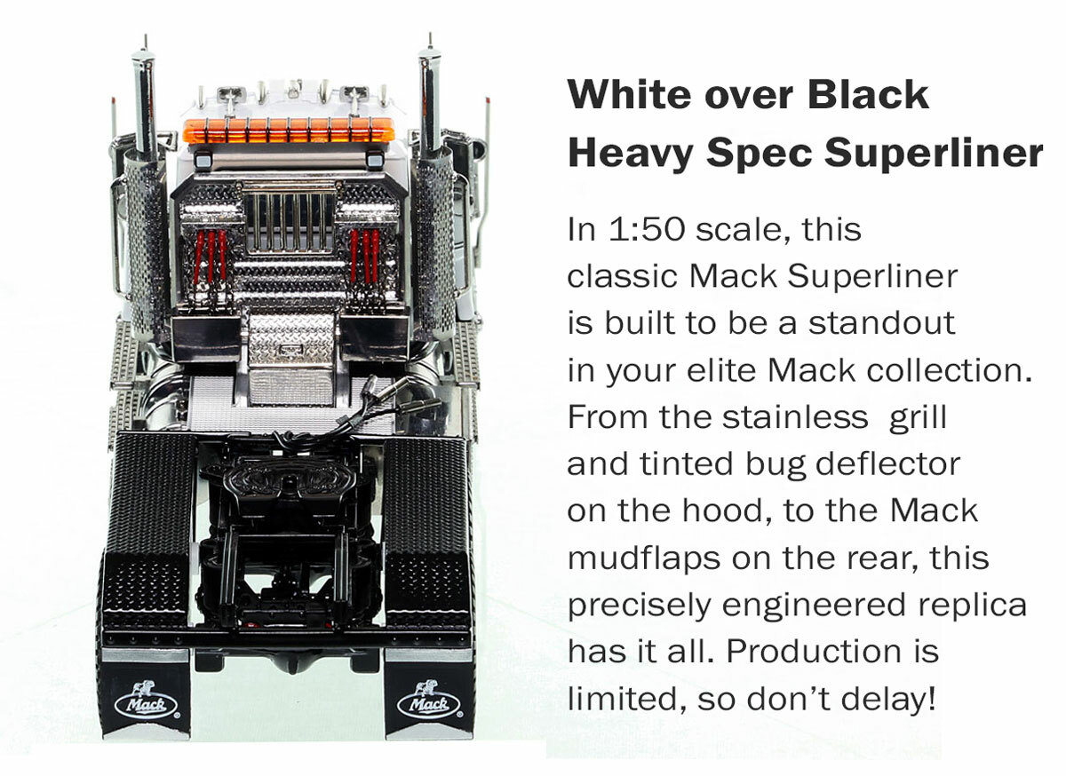 Mack Superliner Heavy Spec Tandem Axle Tractor - White over Black Dimensions