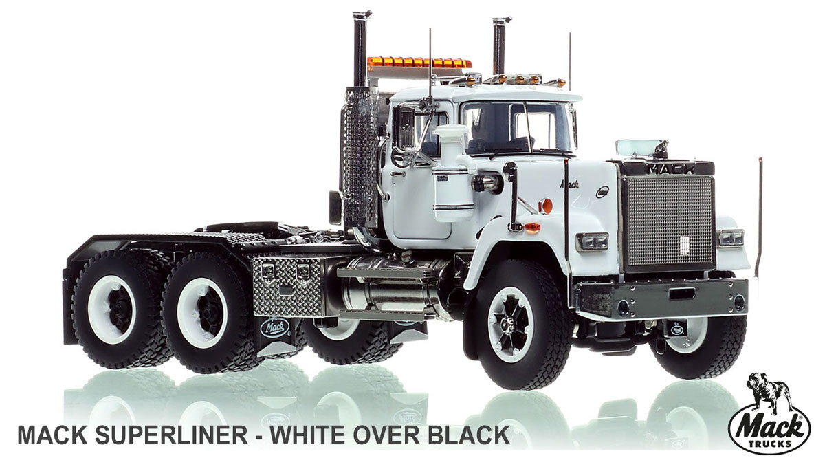 1:50 scale model of Mack Superliner Heavy Spec Tandem Axle Tractor - White over Black